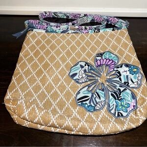 Vera Bradley Tan Diamond Tote with Teal & Purple Floral Applique